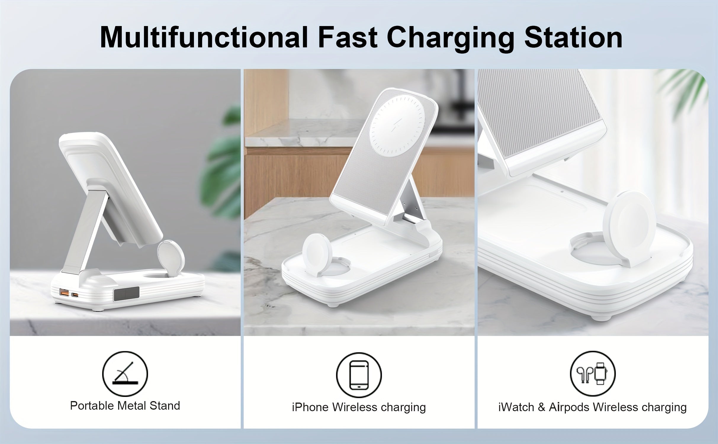 BezosMax 3 in 1 Wireless Charging Station 10000 mAh Power Bank Foldable Phone holder Magnetic Wireless Charger Adjustable angle lightweight Portable Fast charging Digital Power Display for iPhone/ iWatch/Airpods
