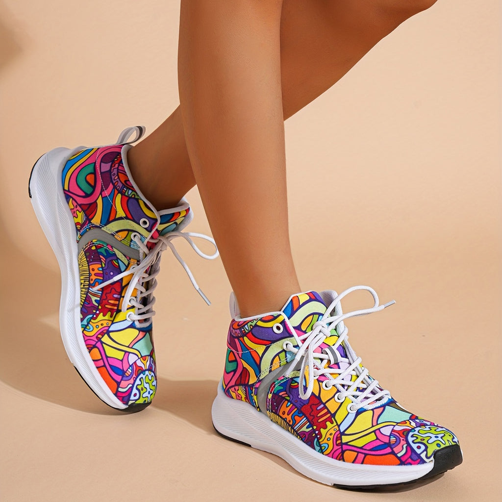[Reflective Sneakers] Lightweight, Reflective Women's Hand-Painted Cartoon Print High-Top Sneakers | Lace-Up Casual Shoes with Soft Fabric Upper & EVA/Rubber Sole for North American & Mexican Fashion - Winter-Ready