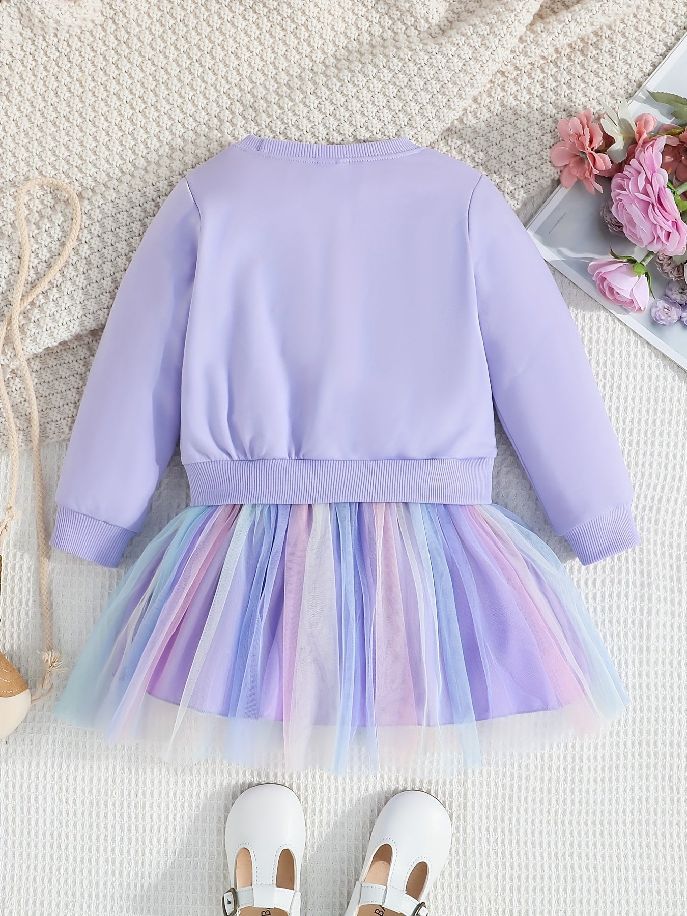 Toddler Girls Long Sleeve Cute Unicorn Graphic Color Block Mesh Spliced Princess Dress For Party Kids Clothes