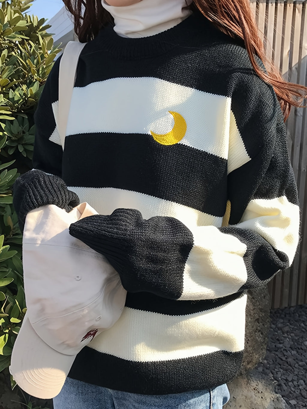 Kawaii Round Neck Striped Pullover Sweater, Casual Every Day Top For Winter & Fall, Women's Clothing