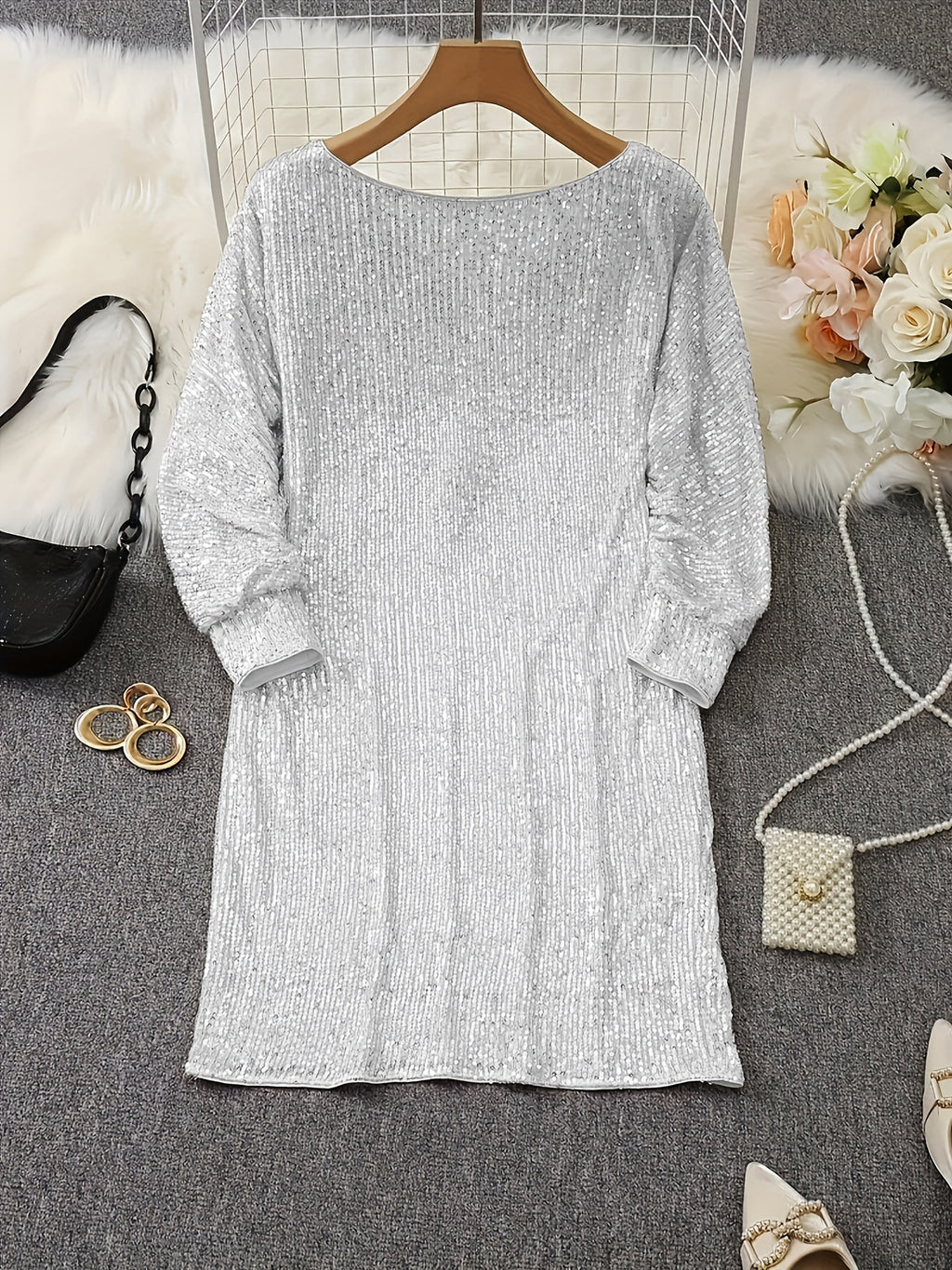 1pc Elegant Sequin V-Neck Dress for Women, Polyester Batwing Sleeve A-Line Short Dress, No Padding, Knitted Spring/Autumn Party Bridesmaid Gown