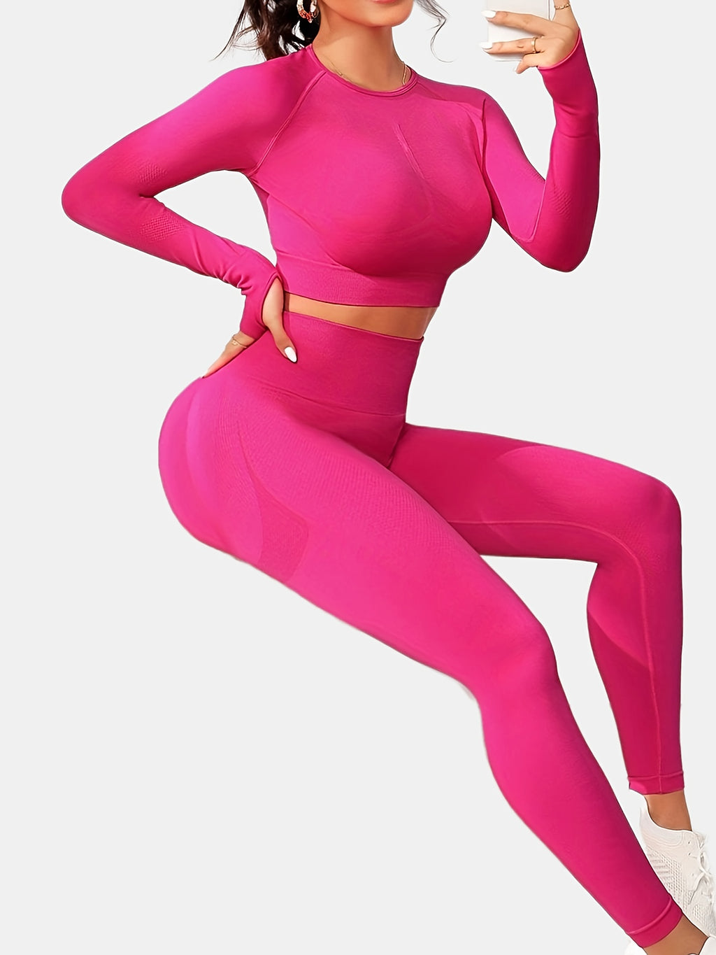 Women's Yoga Sports Suits, Seamless Stretchy Fitness Suits, Long Sleeve Thumb Hole Cropped Top & Slimming Leggings, Women's Activewear
