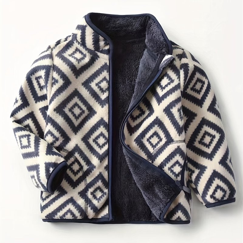 New Boys Vintage Plaid Printed Casual Thickened Warm Stand Collar Zipper Jacket