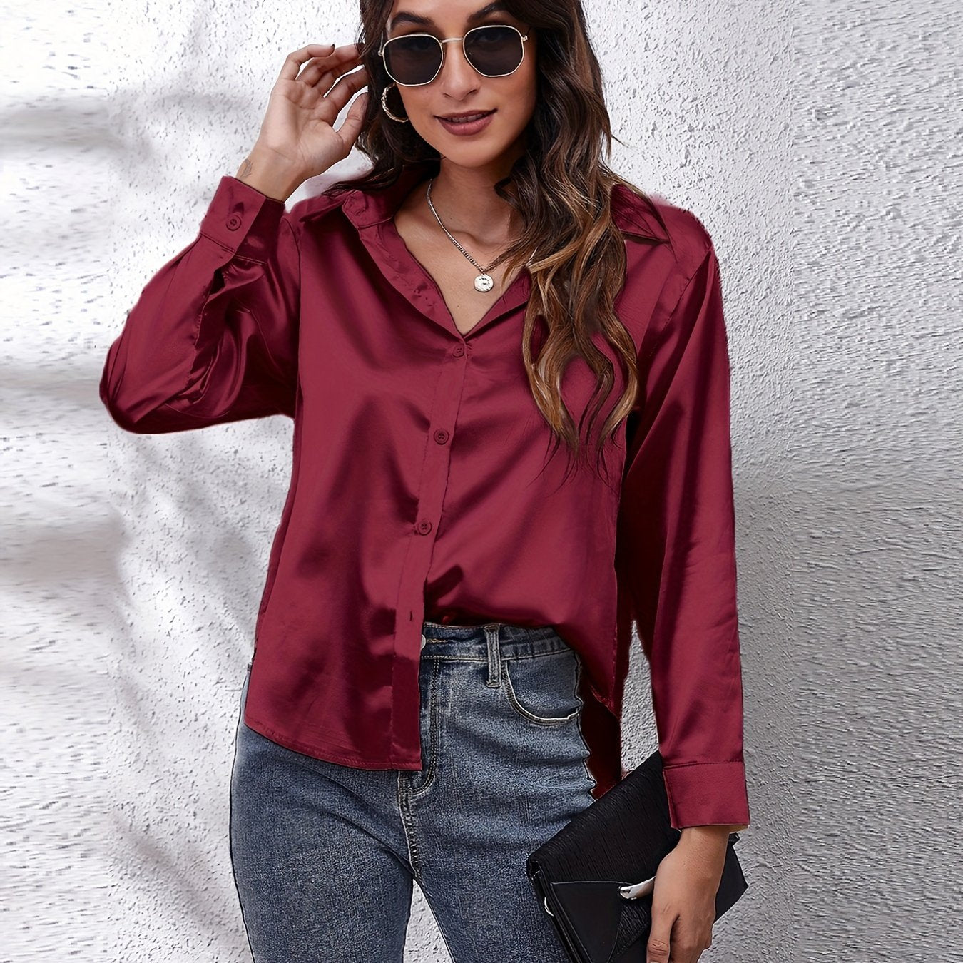 Solid Color Long Sleeve Button Down Tops, Business Casual Blouses For All Seasons, Women's Clothing