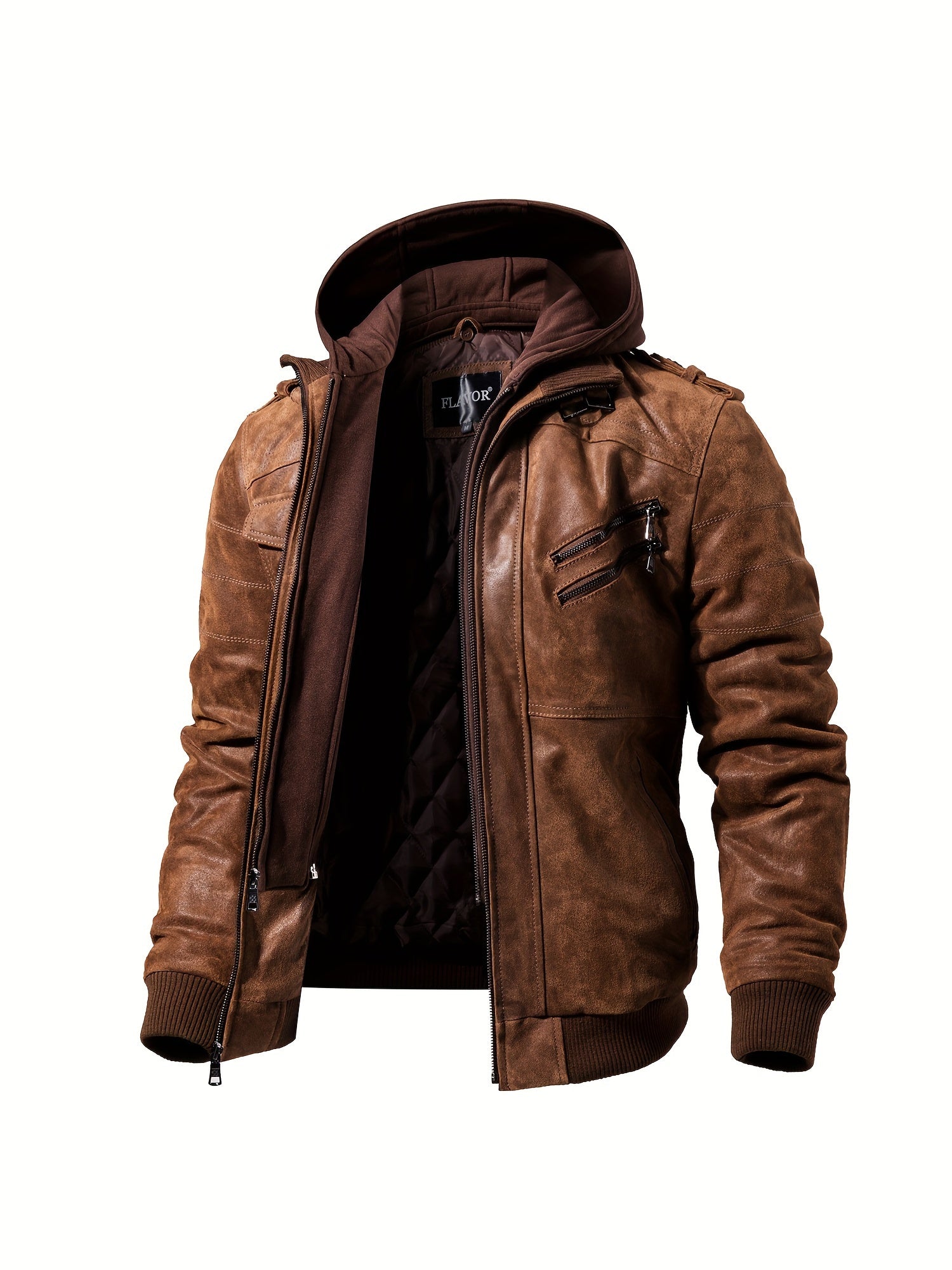Men's Brown Leather Motorcycle Jacket with Removable Hood - FLAVOR