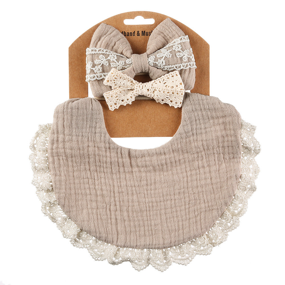 Two Headbands + One Bib Set, New Baby Bib, Kids Lace Bow Headband, Baby Crepe Stain Resistant Bib Set