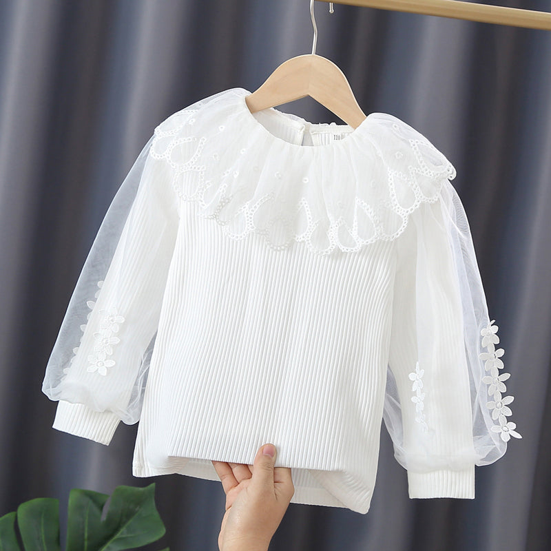 Girls Long Puff Sleeve Flower Lace Splicing Ruffles Round Neck Ribbed T-Shirts Tops Kids Clothes