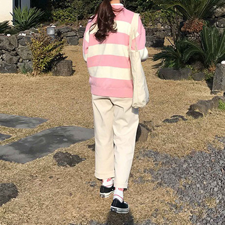 Kawaii Round Neck Striped Pullover Sweater, Casual Every Day Top For Winter & Fall, Women's Clothing
