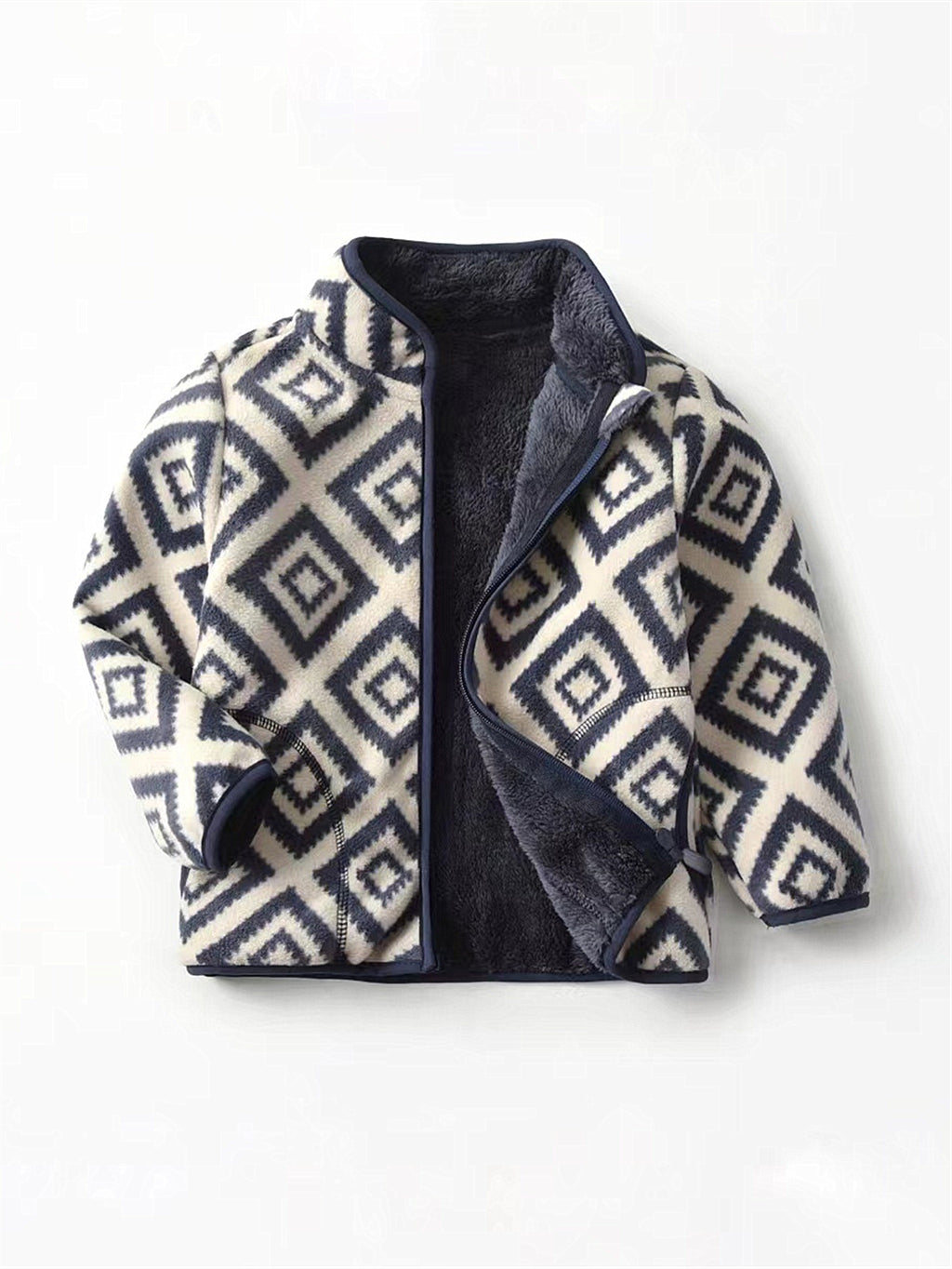 New Boys Vintage Plaid Printed Casual Thickened Warm Stand Collar Zipper Jacket