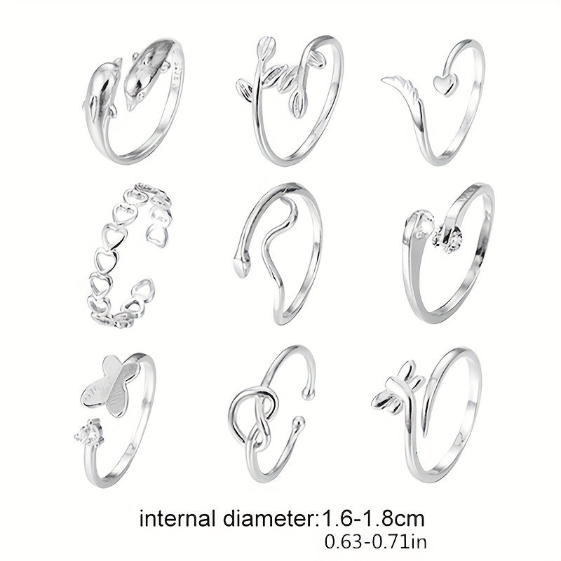 [9 Pieces Adjustable Foot Ring Set] Snake, Butterfly, Dragonfly, Dolphin, Heart, Leaf, Water Drill, Adjustable, Foot Ring, Set, Beach, Foot Ring, 9 Pieces Set