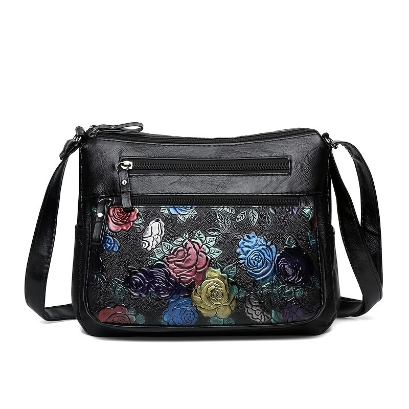 Flower Pattern Crossbody Bag, Fashion Zipper Shoulder Bag, Casual Purse For Women