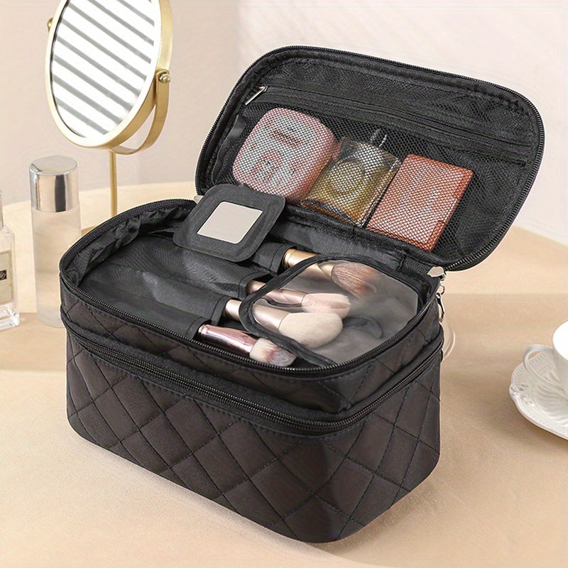 [Fashionable Makeup Bag] Double Layer Makeup Bag | Fashionable Nylon Quilted Pattern, Multi-functional Large Capacity Travel Storage Toiletry Bag