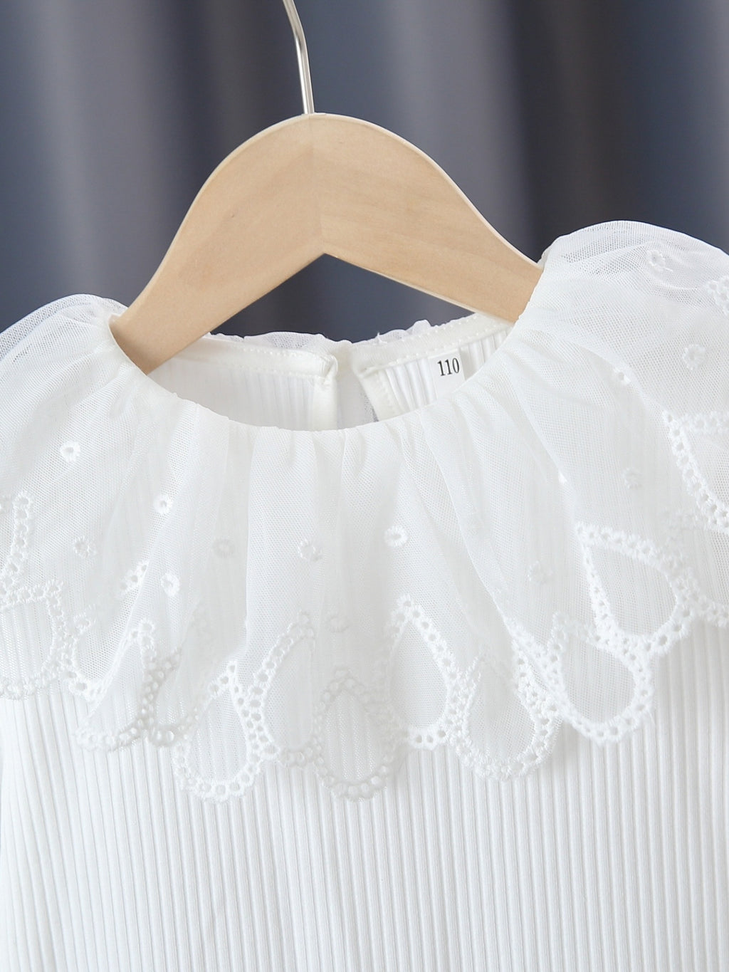 Girls Long Puff Sleeve Flower Lace Splicing Ruffles Round Neck Ribbed T-Shirts Tops Kids Clothes