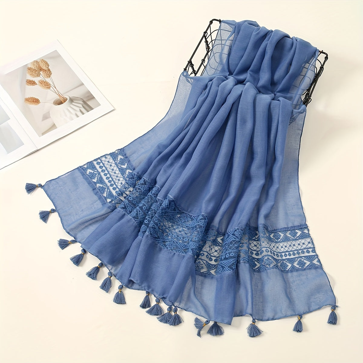 [Elegant Scarf] Elegant Embroidery Hollow Lace Tassel Scarf | Fashion Casual Cold Weather Scarves Wraps For Women for eid