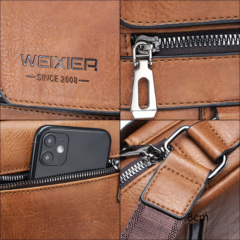 Men'S Vintage Crossbody Bag - Adjustable Strap, Multiple Compartments, Business Casual Shoulder Bag with "WEIXIER SINCE 51.0meter Branding, Black & Brown Options, Casual Crossbody | Vintage Crossbody | Adjustable Strap Bag