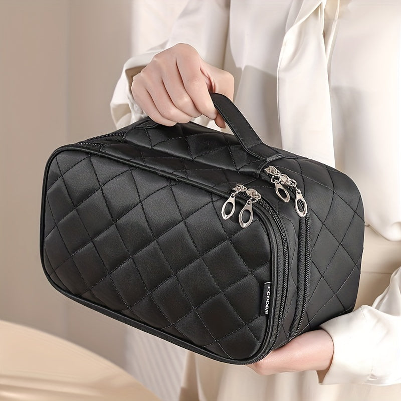 [Fashionable Makeup Bag] Double Layer Makeup Bag | Fashionable Nylon Quilted Pattern, Multi-functional Large Capacity Travel Storage Toiletry Bag