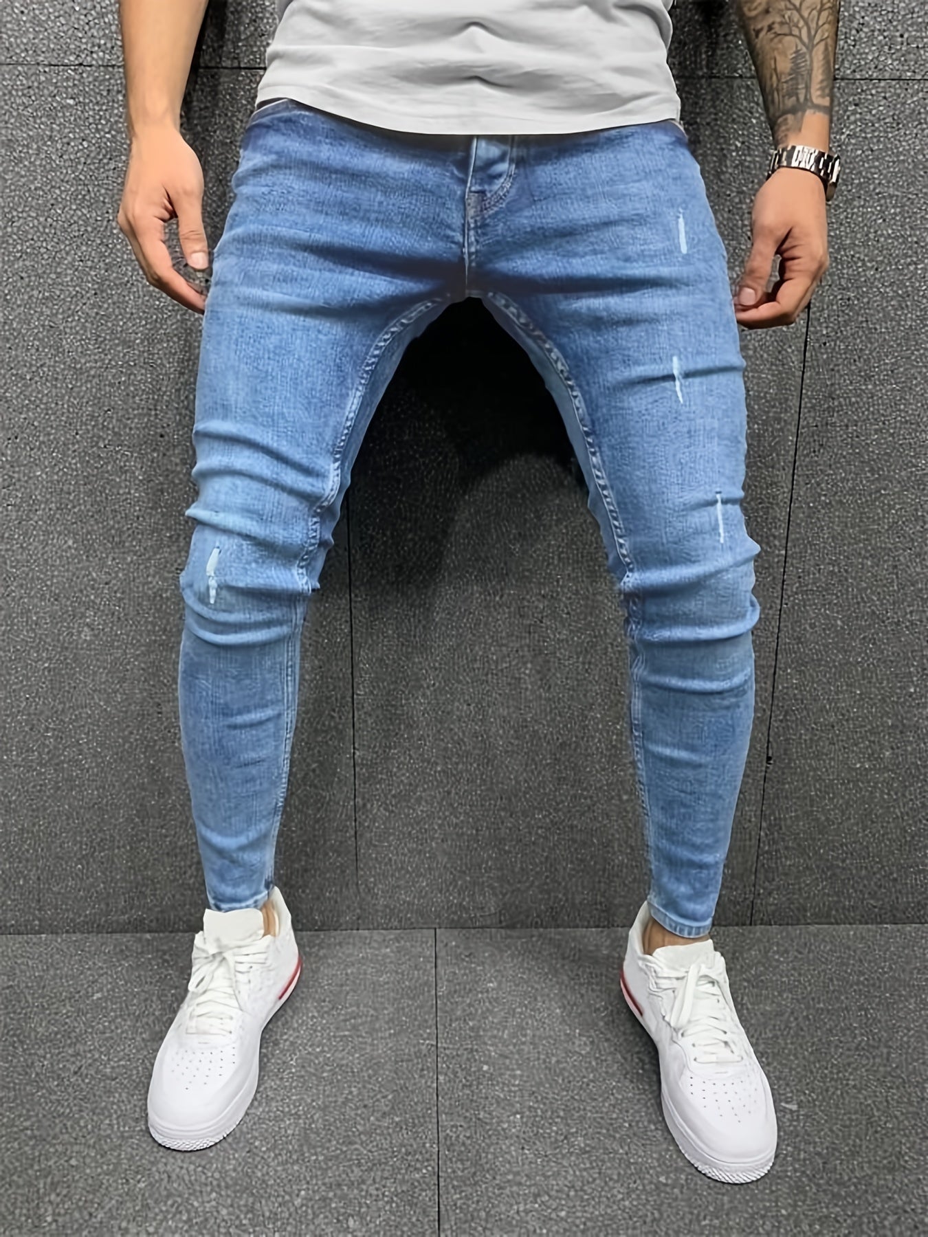 Slim Fit Distressed Cotton Jeans, Men's Casual Street Style Solid Color Washed Mid Stretch Denim Pants For Spring Summer