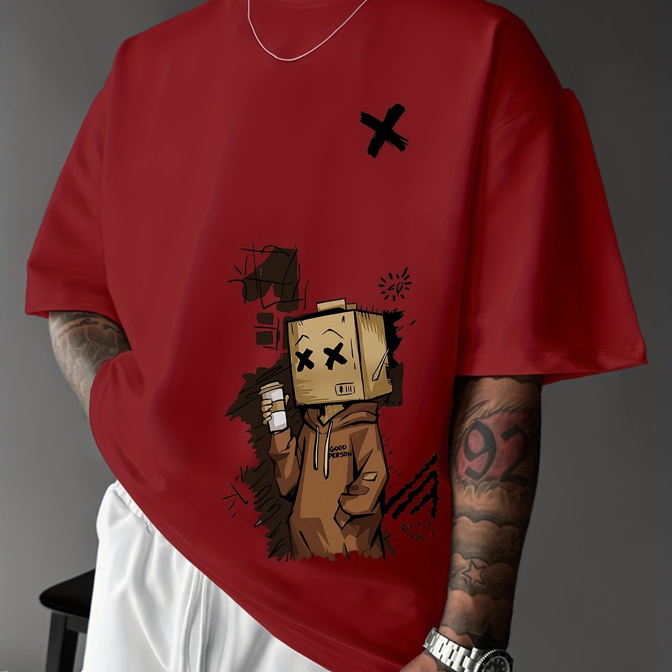 Men'S Summer Casual T-Shirt with Playful Robot & Cupcake Graphic - Red, Short Sleeve, Round Neck, Loose Fit, Geometric Pattern, Perfect for Streetwear or Casual Attire, Casual Summer Wear | Playful Graphic Tee | Comfortable F