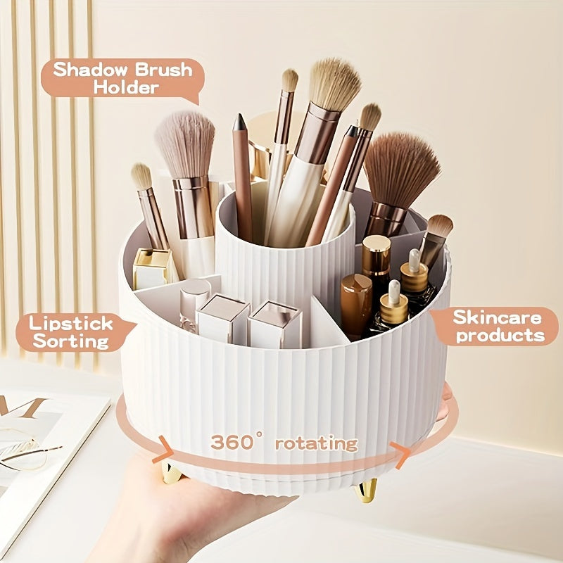 360° Rotating Makeup Organizer - 1pc Plastic Cosmetic Storage with 5 Compartments - Multi-Functional Holder for Brushes, Lipsticks, Skin Care Products, and Stationery - Durable Unscented Desk Caddy with Luxury Stripe Design
