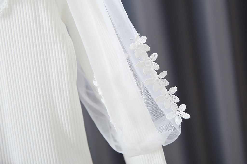 Girls Long Puff Sleeve Flower Lace Splicing Ruffles Round Neck Ribbed T-Shirts Tops Kids Clothes