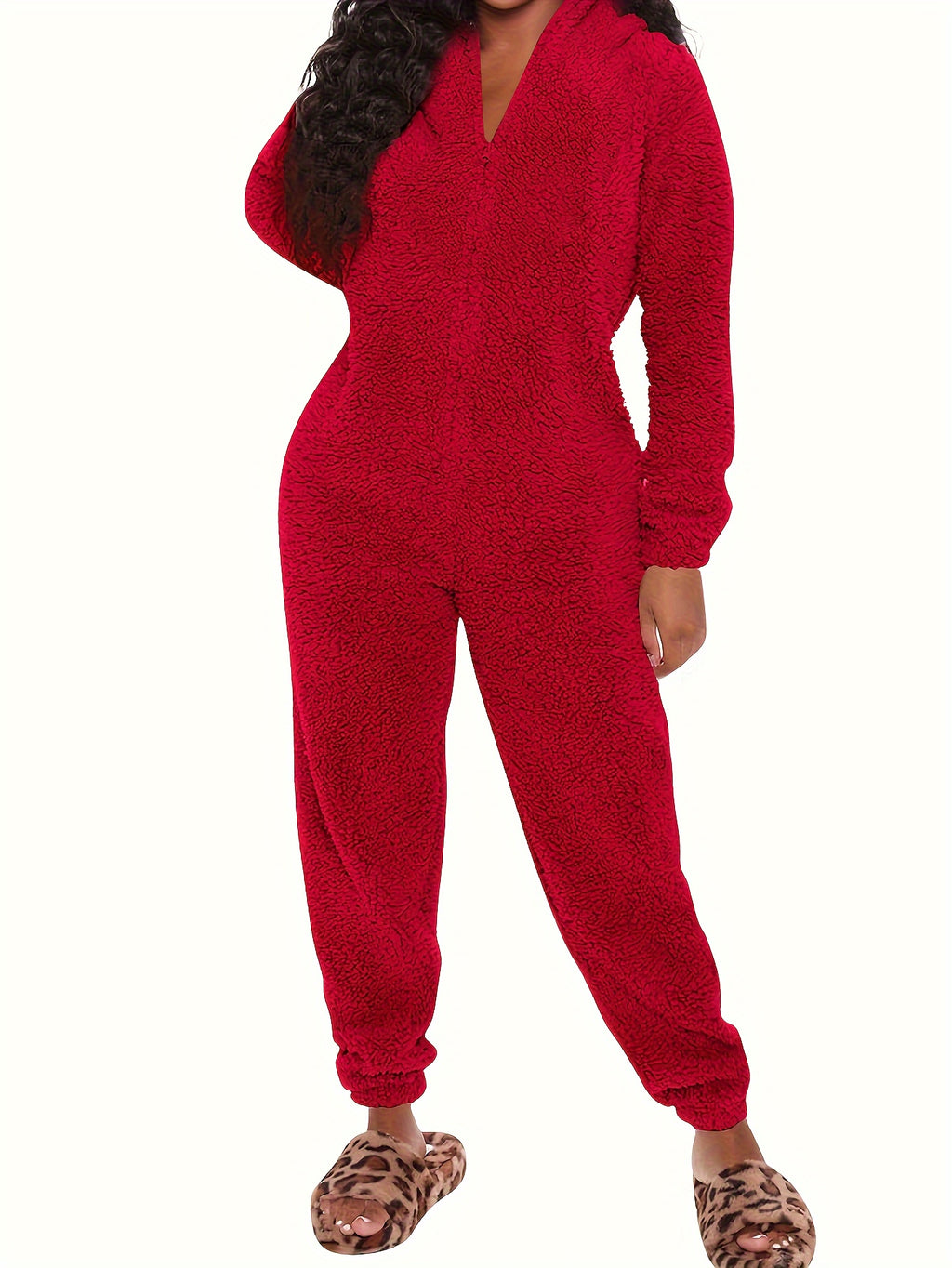Fuzzy Hooded Pajama Jumpsuit For Music Festival, Comfy & Cute Long Sleeve Zipper Pajamas, Women's Lingerie & Sleepwear