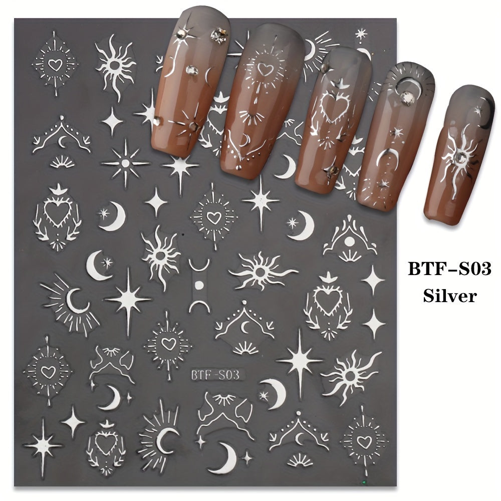 Golden Sun, Moon, and Star Nail Art Stickers - Self-Adhesive 3D Decals for French Nail Design and DIY Decoration