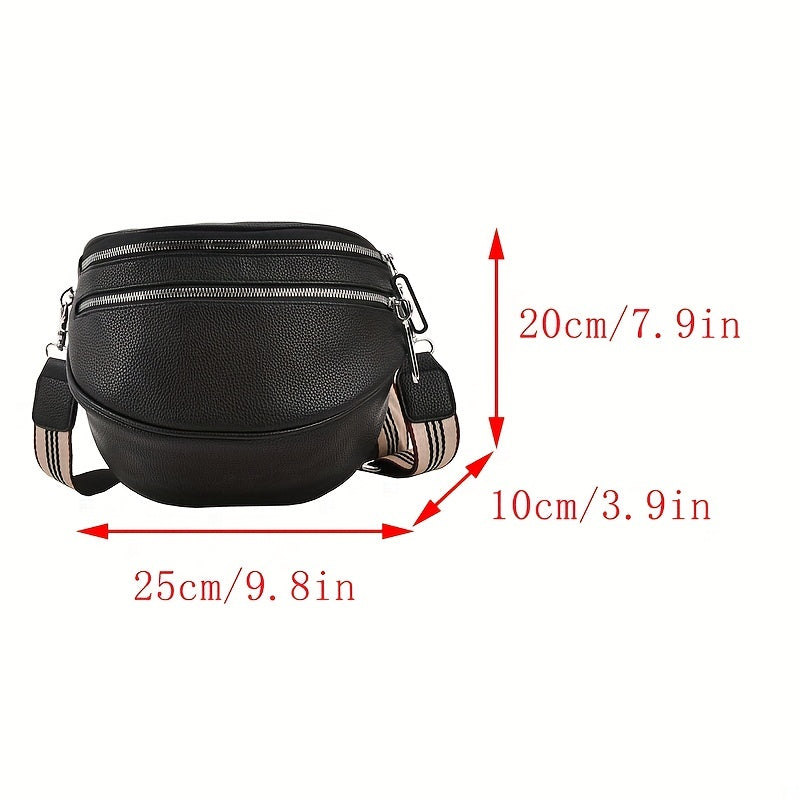 Black Synthetic Leather Crossbody Bag with Adjustable Striped Strap - Large Capacity Shoulder Messenger Bag for Women, Zipper Closure, Polyester Lining, Versatile Solid Color Design
