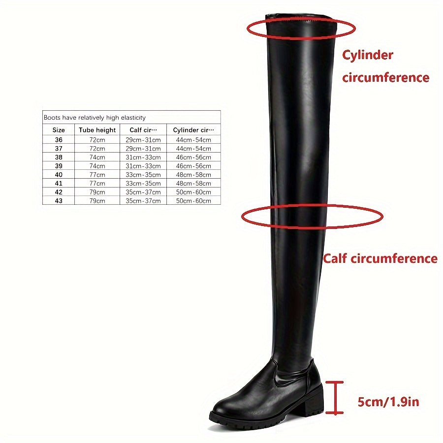 Women's Chunky Heel Thigh High Boots, Solid Color Zipper Round Toe Shoes, PU Leather Footwear