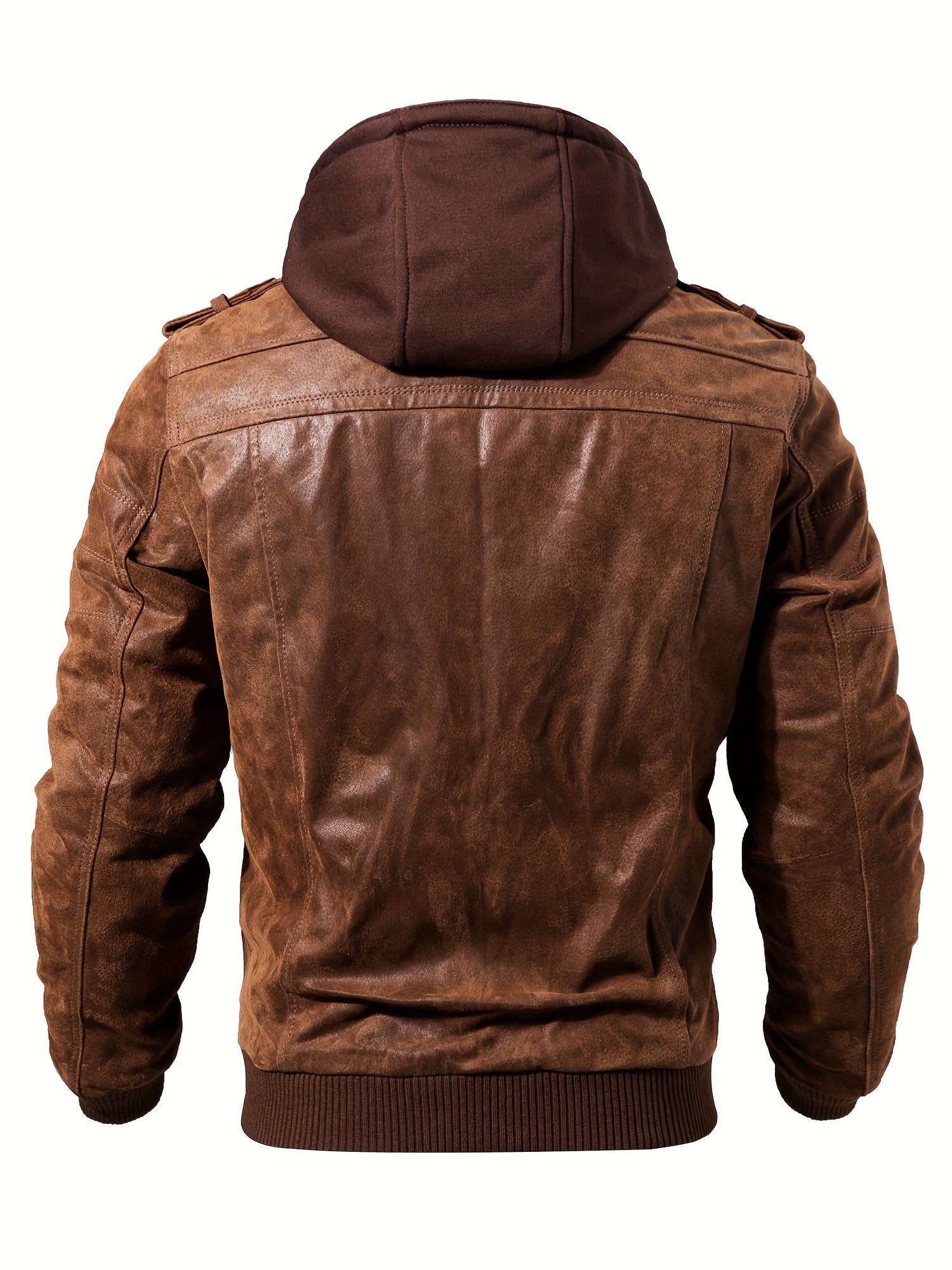Men's Brown Leather Motorcycle Jacket with Removable Hood - FLAVOR