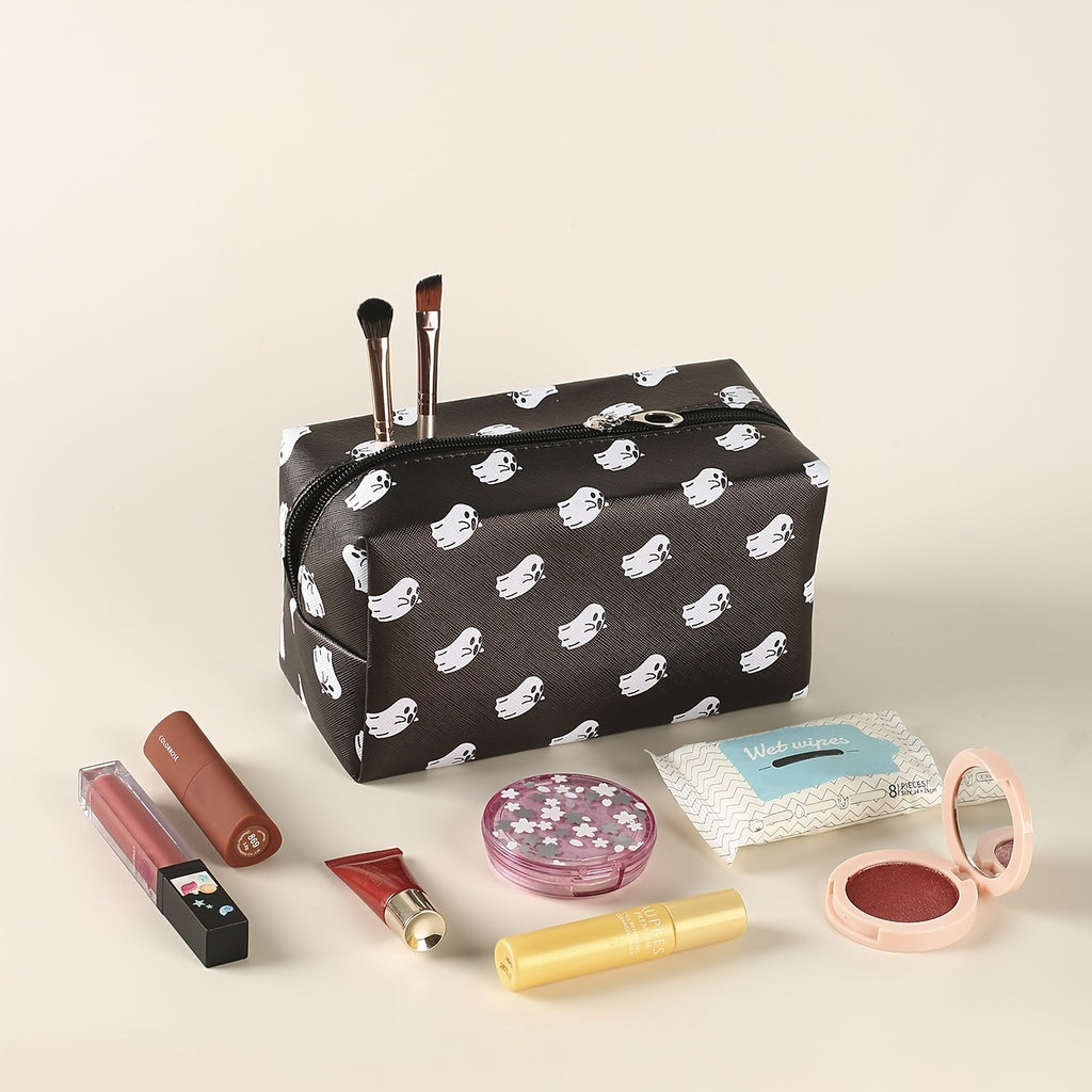 Halloween Little Ghost Print Makeup Pouch Zipper Roomy Square Cosmetic Bag Travel Accessories Organizer Halloween Gift For Friends Men Women