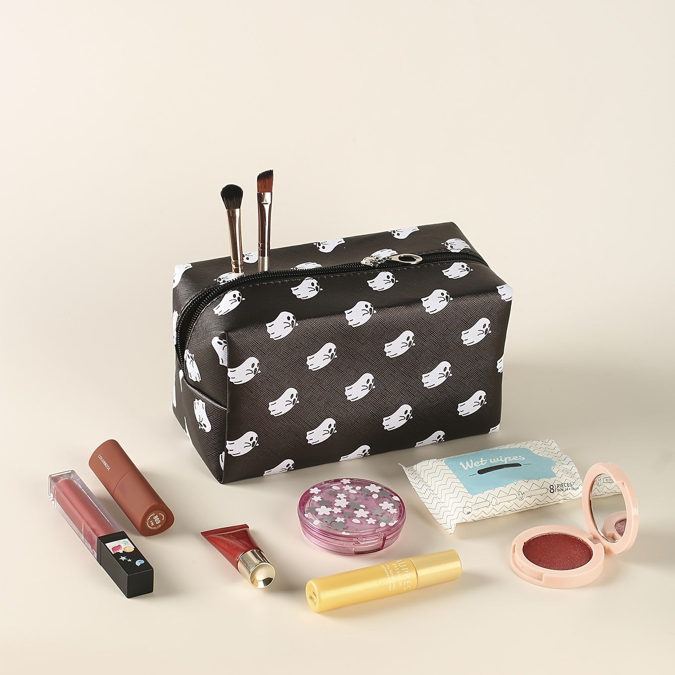 Halloween Little Ghost Print Makeup Pouch Zipper Roomy Square Cosmetic Bag Travel Accessories Organizer Halloween Gift For Friends Men Women