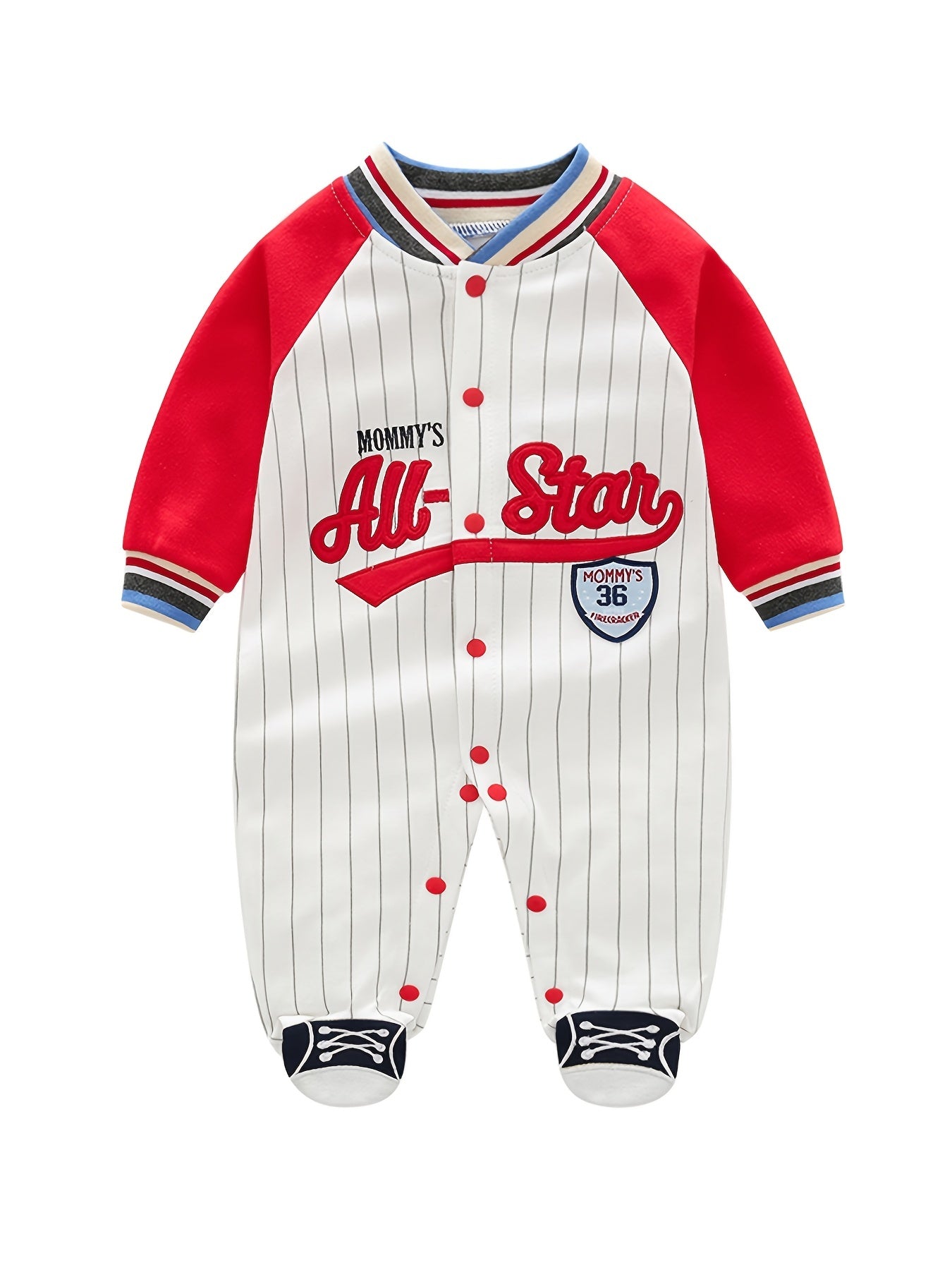 Newborn Infant Cotton Vertical Stripe Color Block Romper, Letter Embroidery Long Sleeve Jumpsuit For Baby Boys Toddler Clothes