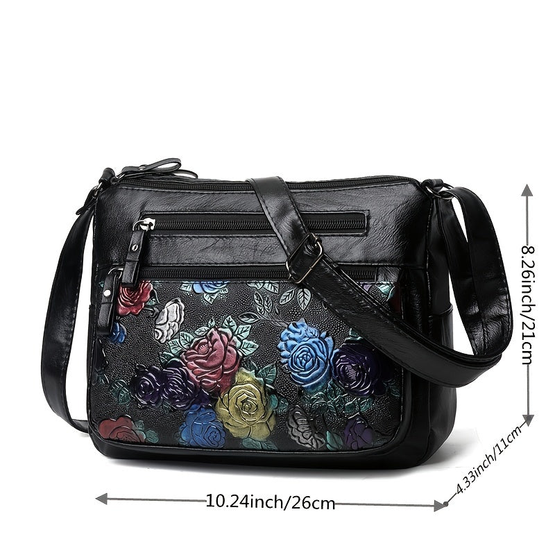Flower Pattern Crossbody Bag, Fashion Zipper Shoulder Bag, Casual Purse For Women