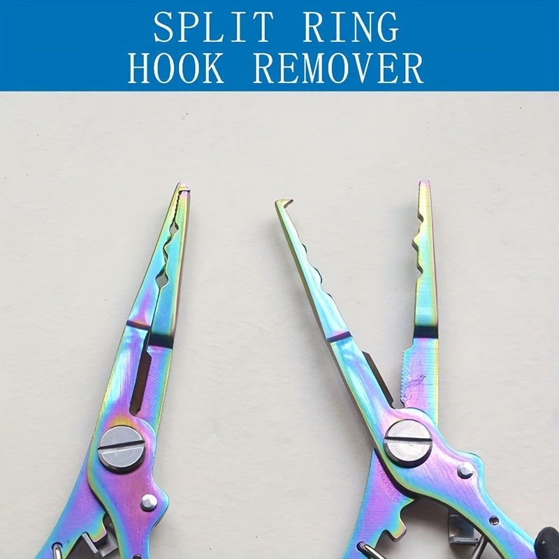[Stainless Steel Fishing Pliers] Multi-Function Stainless Steel Fishing Pliers - Hooked Bent Nose - Color Titanium Open Ring Line Cutter - Lead Pressing Anti-Slip Handle