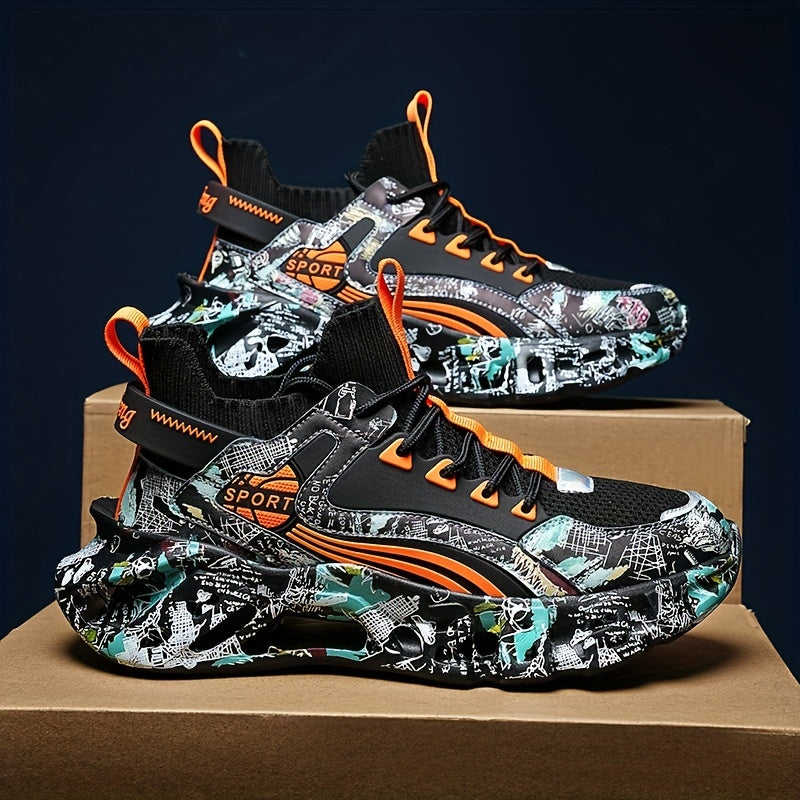 Shock-absorbing Breathable Graffiti Blade Type Men's Lace-up Sneakers - Running Shoes