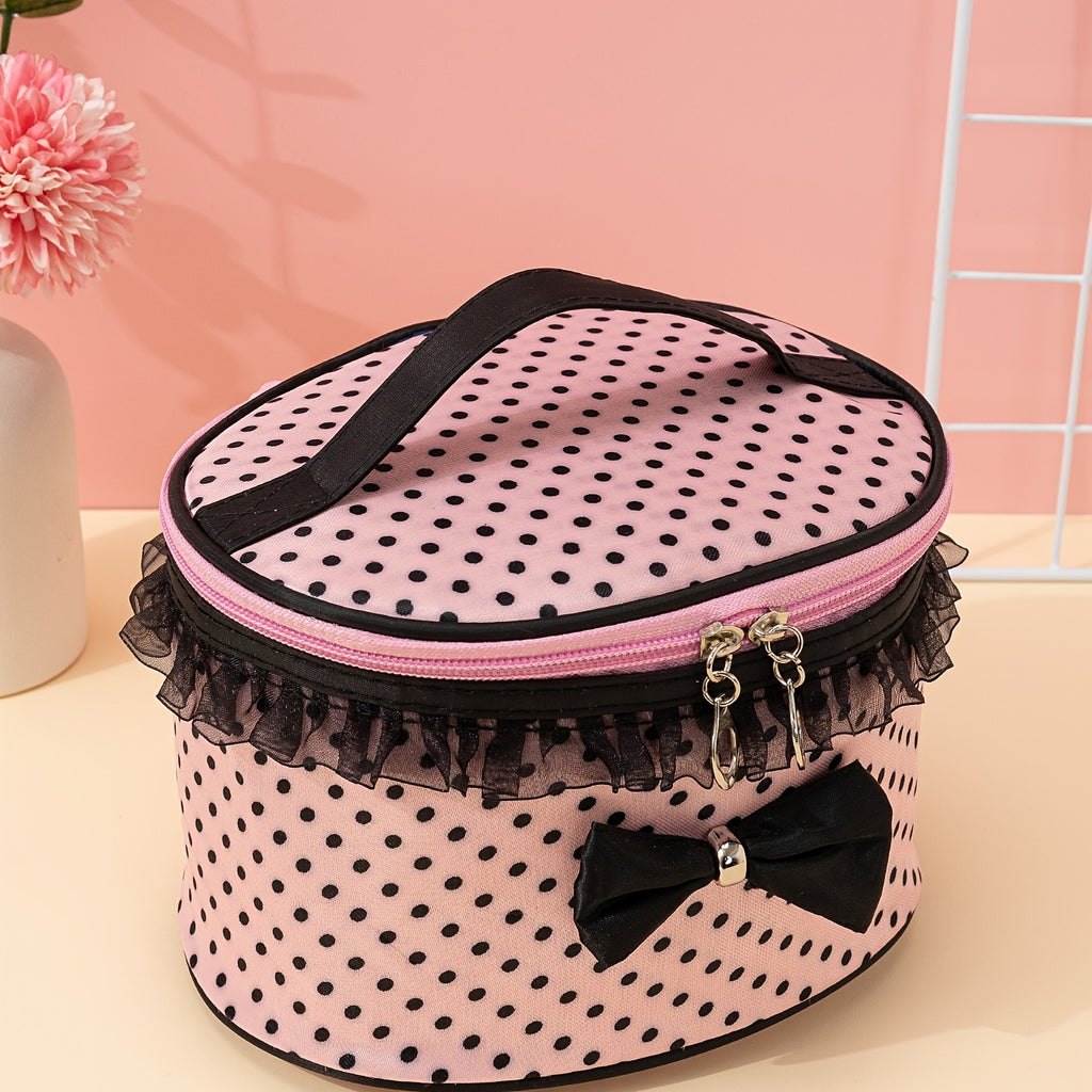 Stylish And Spacious Cosmetic Bag With Zipper And Dot Print - Perfect For Travel And Makeup Organization