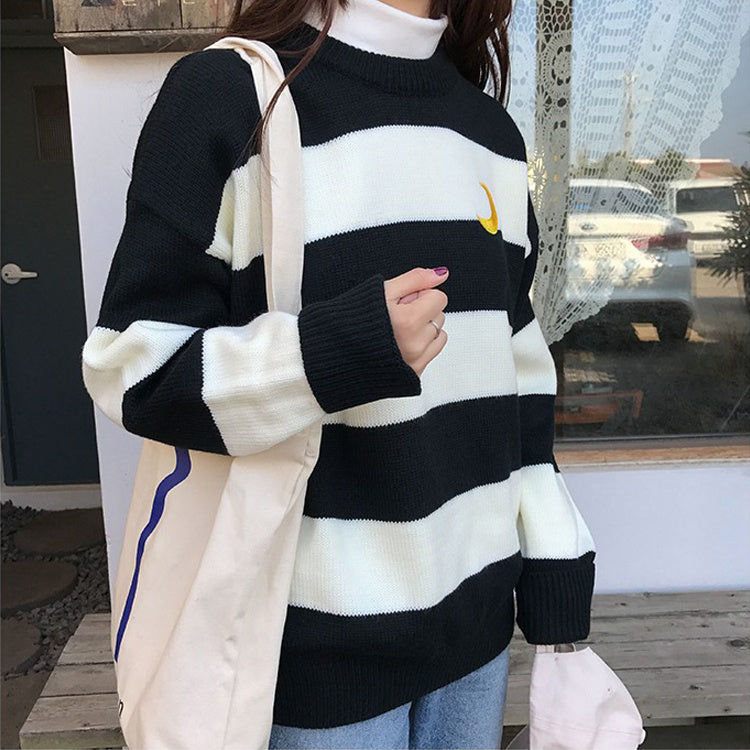 Kawaii Round Neck Striped Pullover Sweater, Casual Every Day Top For Winter & Fall, Women's Clothing