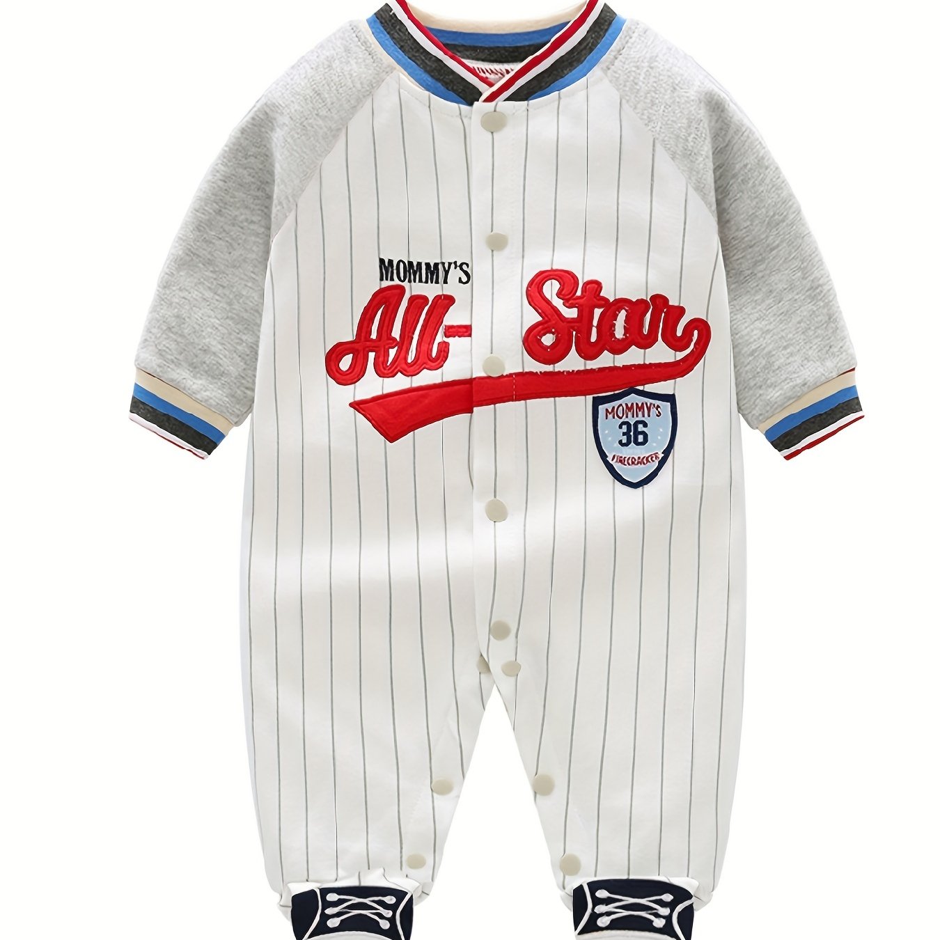 Newborn Infant Cotton Vertical Stripe Color Block Romper, Letter Embroidery Long Sleeve Jumpsuit For Baby Boys Toddler Clothes