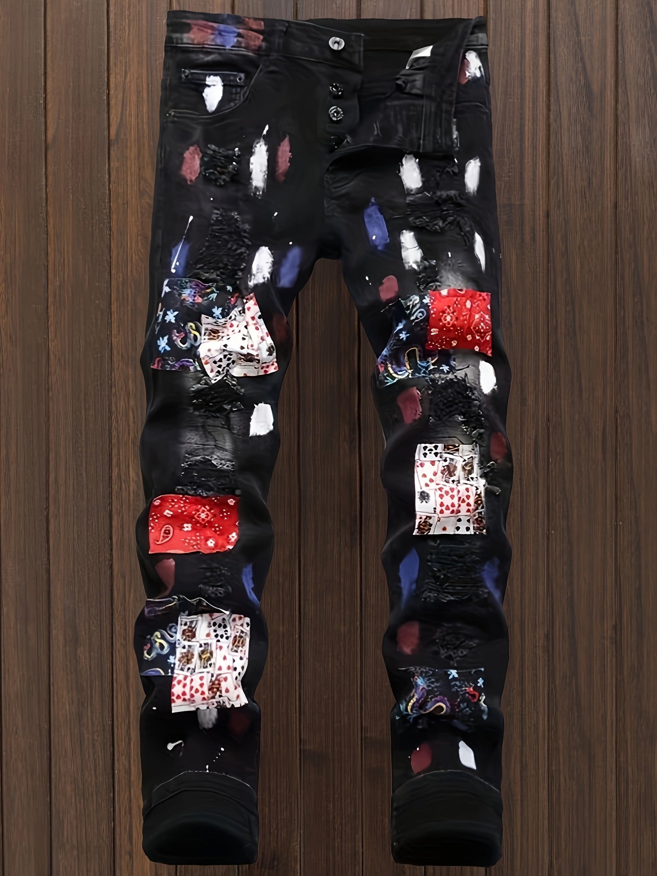 Men's Trendy Ripped Patchwork Jeans - Stretch Slim Fit with Vibrant Graffiti Art, Denim Material, Machine Washable, All-Season Style, Allseason Jeans|Distressed Denim|Comfortable Fit Jeans