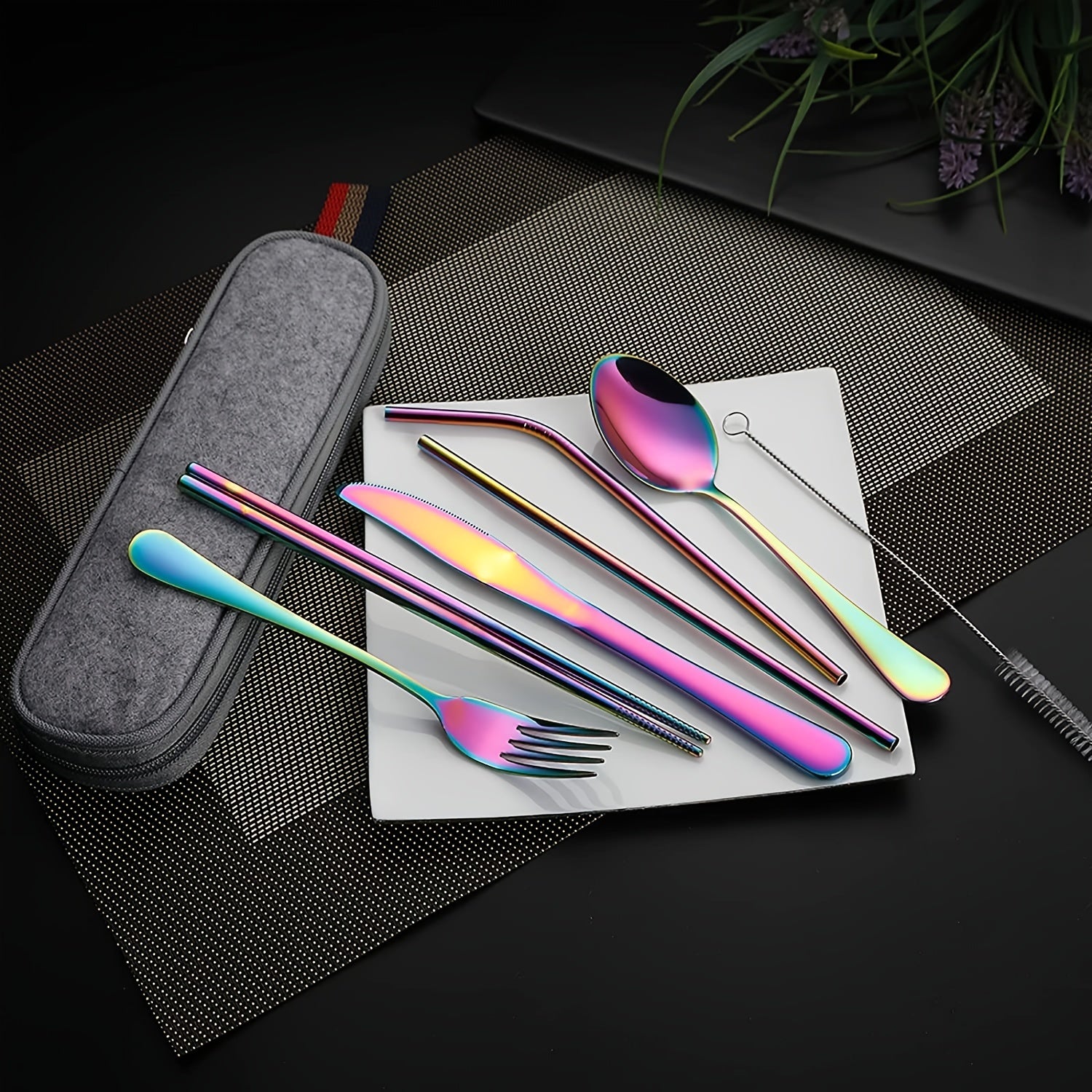 Portable Utensils, Travel Camping Cutlery Set, 8pcs including Knife Fork Spoon Chopsticks Cleaning Brush Straws Portable Case, Stainless Steel Flatware set