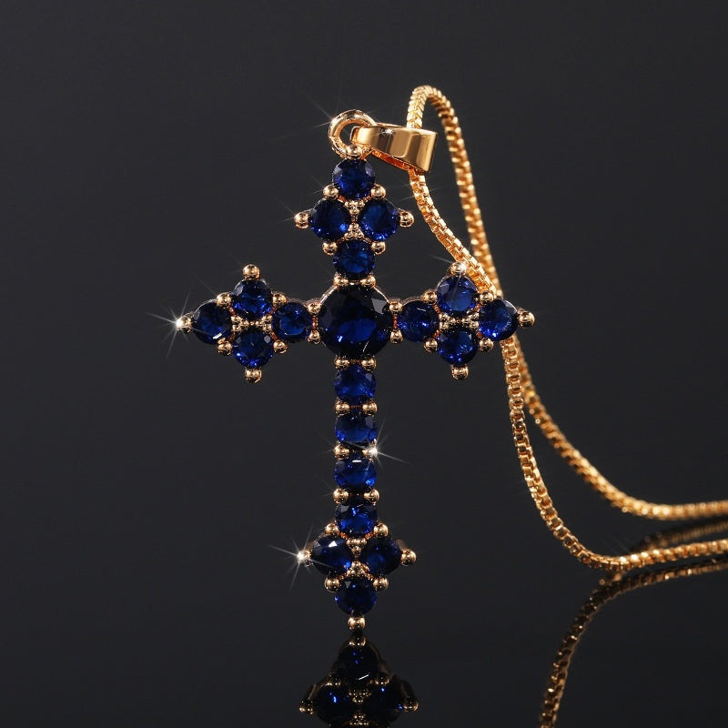 Dainty Cross Shape Pendant Necklace Inlaid Round Cut Shiny Zirconia Good Lucky Adjustable Clavicle Chain