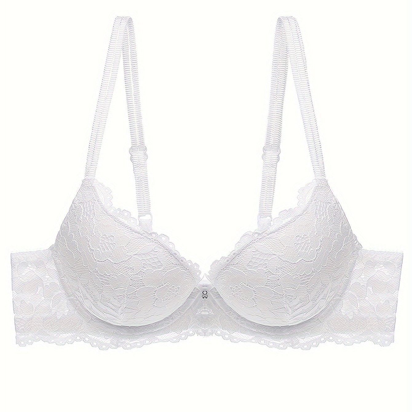 Lace Mesh Hollow Everyday Bra, Comfort & Mature Double Strap Thick Cup Push Up Intimates Bra, Women's Lingerie & Underwear