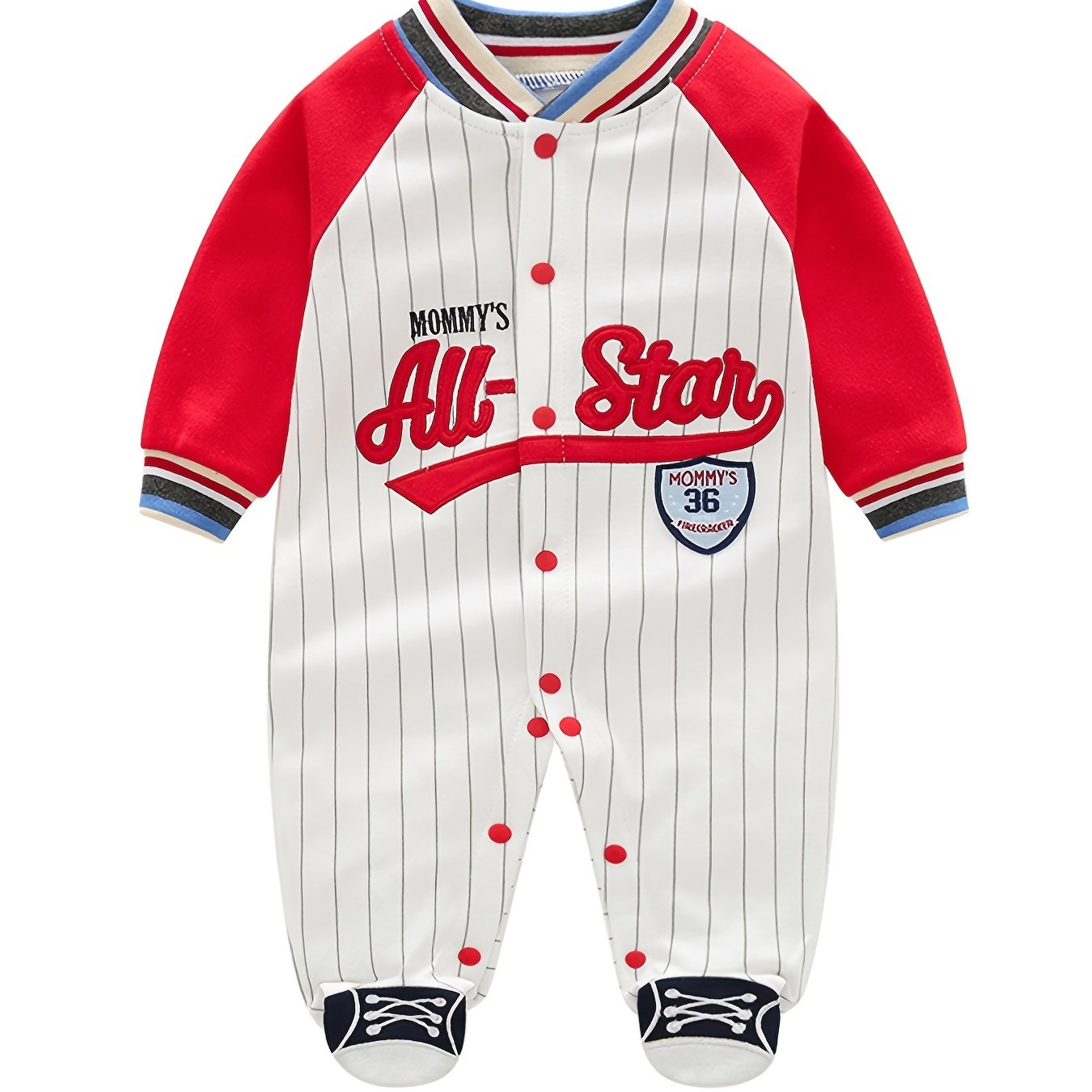 Newborn Infant Cotton Vertical Stripe Color Block Romper, Letter Embroidery Long Sleeve Jumpsuit For Baby Boys Toddler Clothes