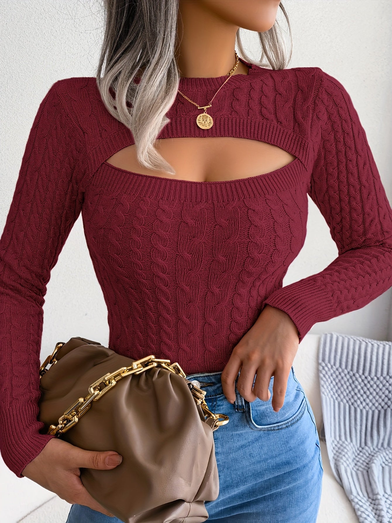 Women'S Sexy Hollow-Out Knit Pullover Sweater, Long Sleeve Crew Neck, Skinny Fit, Acrylic Blend (Polyester 28%, Polyamide 22%, Viscose 28%), High Stretch Fabric, Solid Color, Spring/Fall Fashion Top
