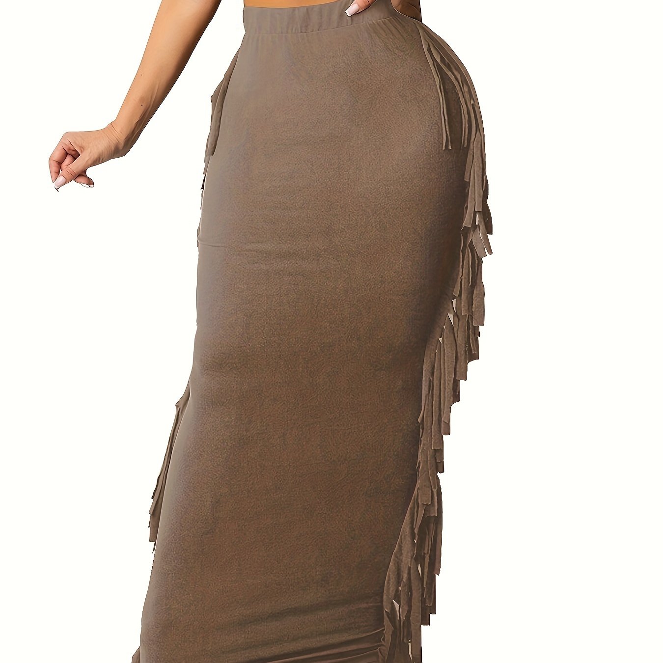 Black Elastic Waist Sides Tassel Maxi Skirt