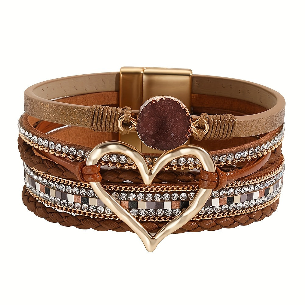 [Boho Chic Heart Bracelet] Boho Chic Multi-Layer PU Leather Magnetic Clasp Bracelet - Black Braided Design & Crystal Accents, Golden-Tone Metal Heart Pendant, Elegant Love Heart