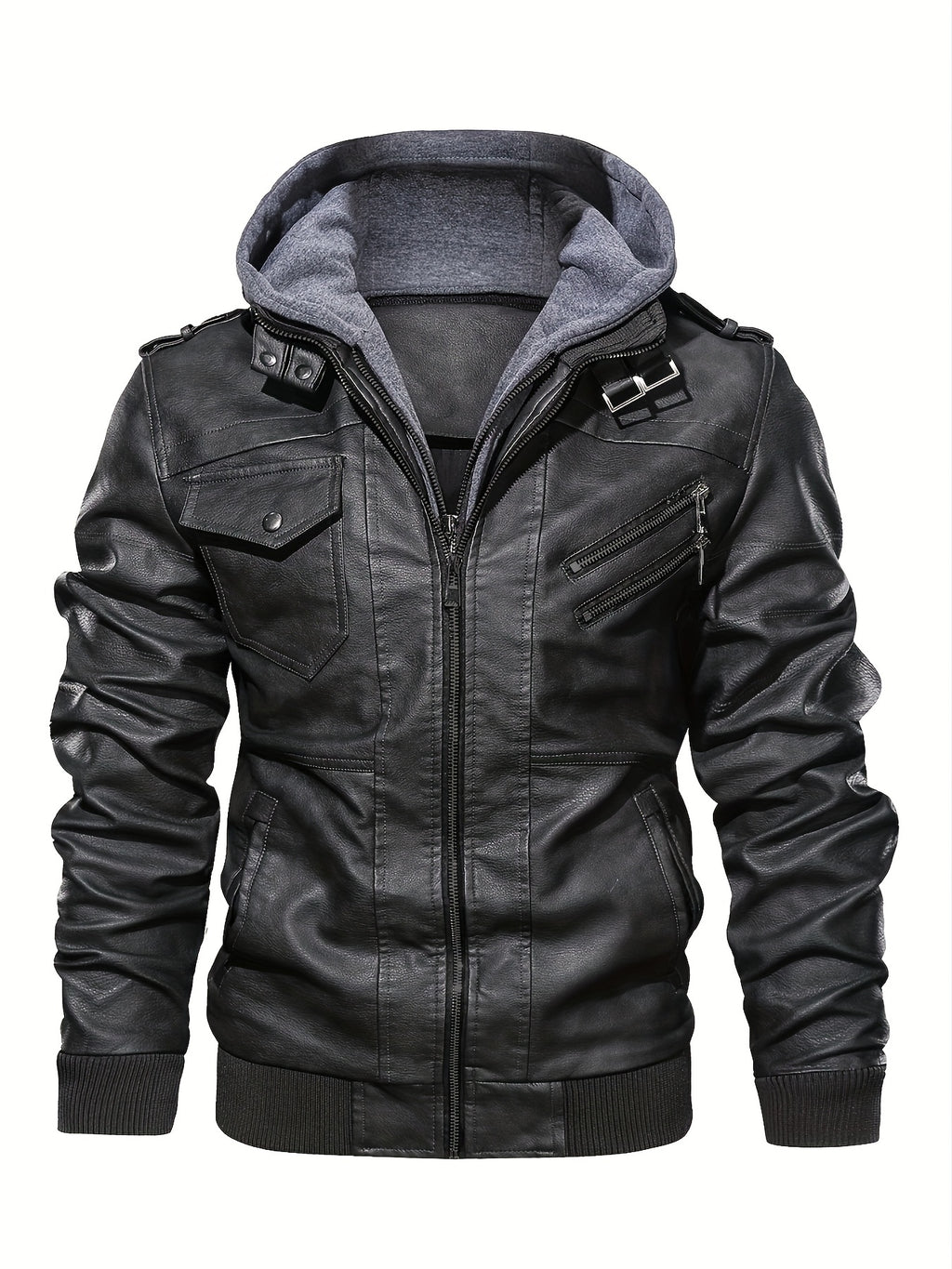 Men's PU Leather Hooded Pockets Zipper Long Sleeves Jackets