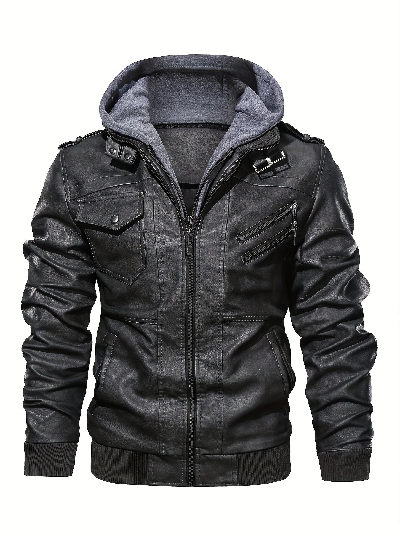 Men's PU Leather Hooded Pockets Zipper Long Sleeves Jackets