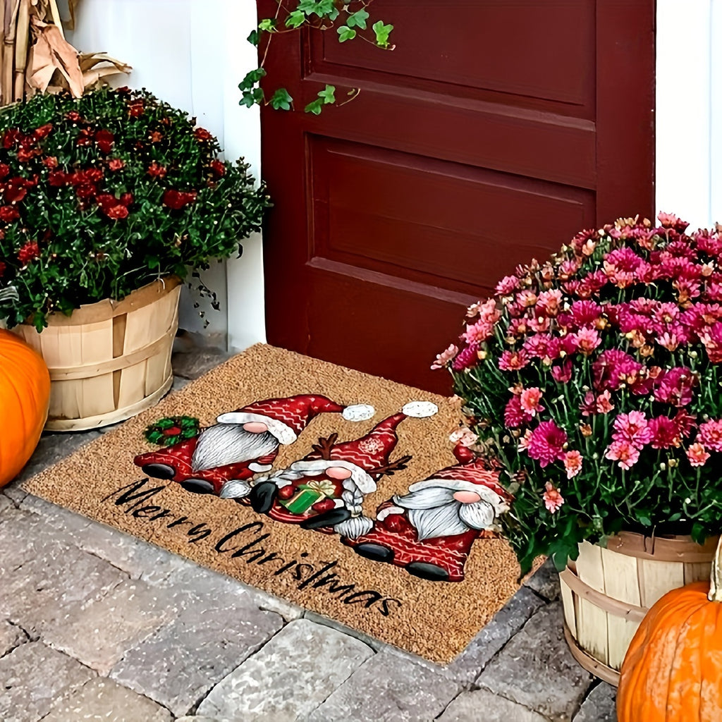 1pc Christmas Gnome Welcome Doormat, Washable Low Pile Indoor Outdoor Entrance Mat, Non-slip Rubber Backing Absorbent Bath Mat, RV Mat, Farmhouse Funny Kitchen Rugs, Suitable For Bathroom Kitchen Ect.
