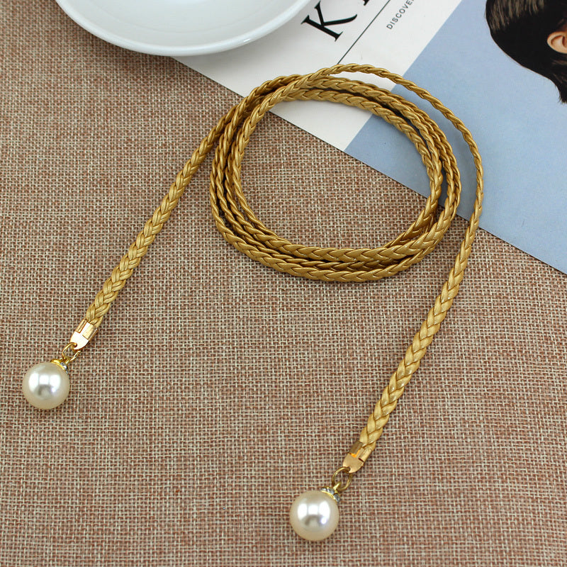 Braided Thin Belt Women's Decor Waist Rope Women's Sweet Dress Tie Waist Chain Skirt With Pearl Waist Accessories